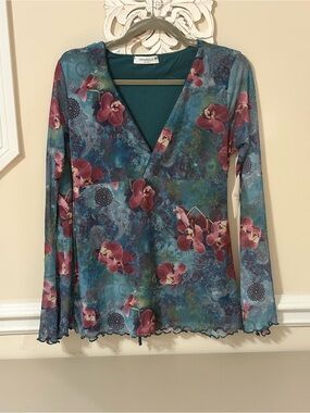 Rebellious Rose Teal Floral V-Neck Long Sleeve Top